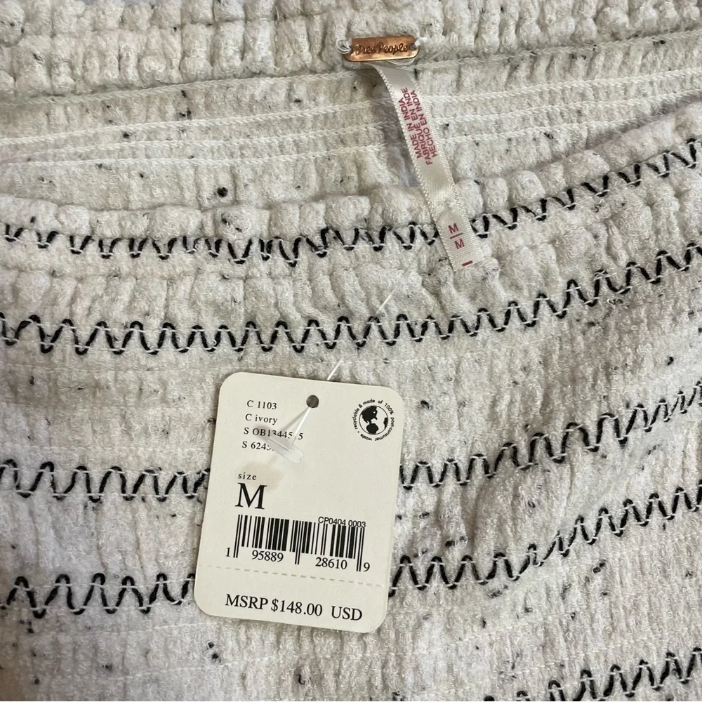 NWT New $148 Free People Maggie Embroidered Shirred Ivory Blouse Top Size M